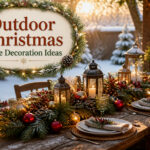 A decorated outdoor Christmas table with greenery and festive decorations.