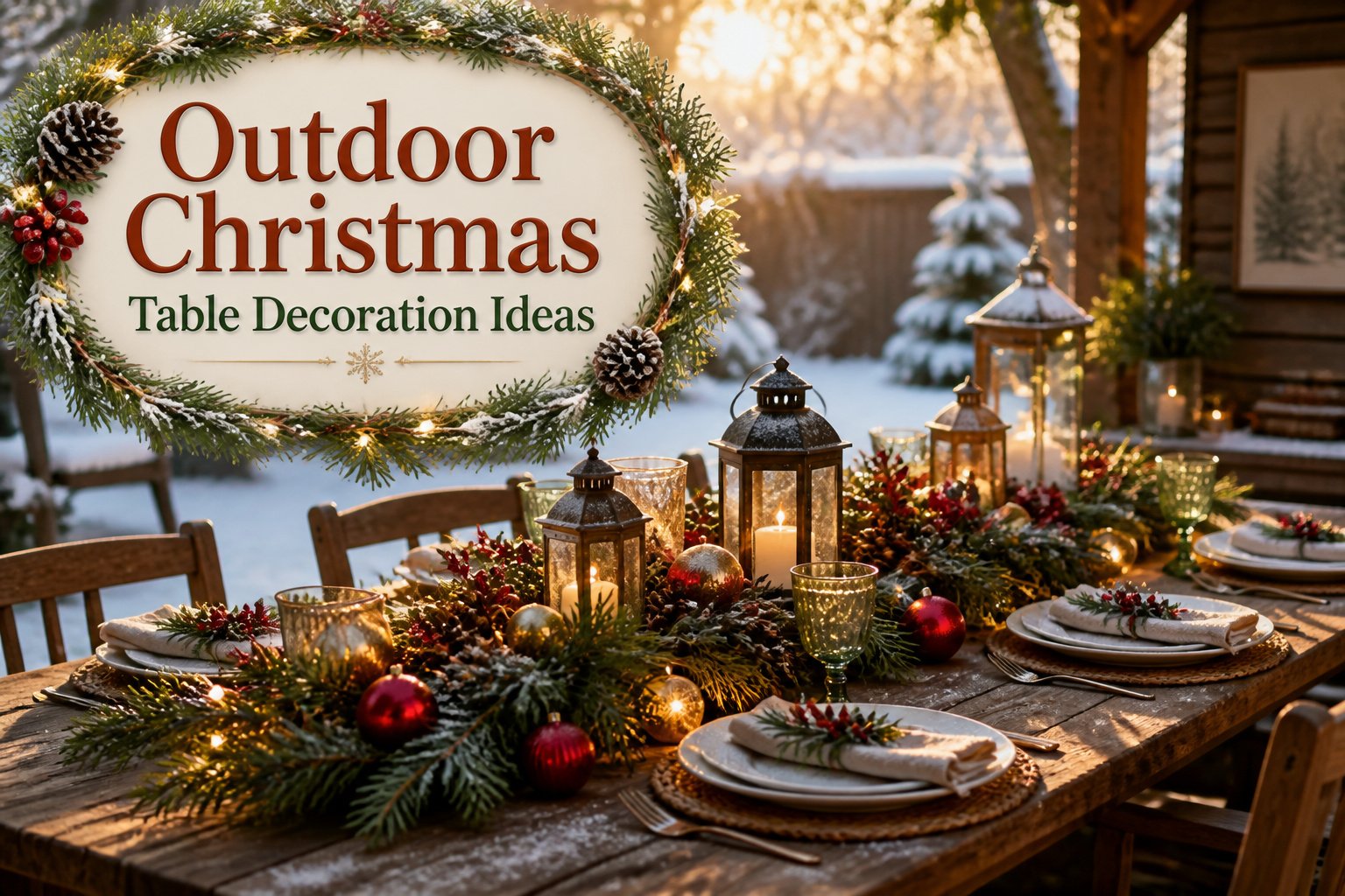 A decorated outdoor Christmas table with greenery and festive decorations.