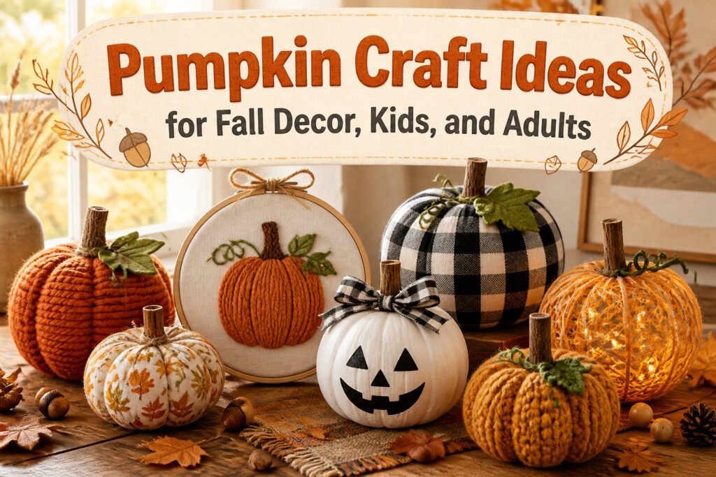 An assortment of colorful pumpkin crafts displayed together.