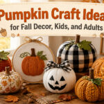 An assortment of colorful pumpkin crafts displayed together.