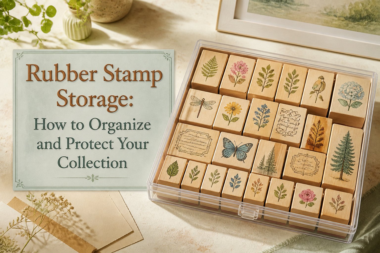 A variety of organized rubber stamps displayed using different storage methods.