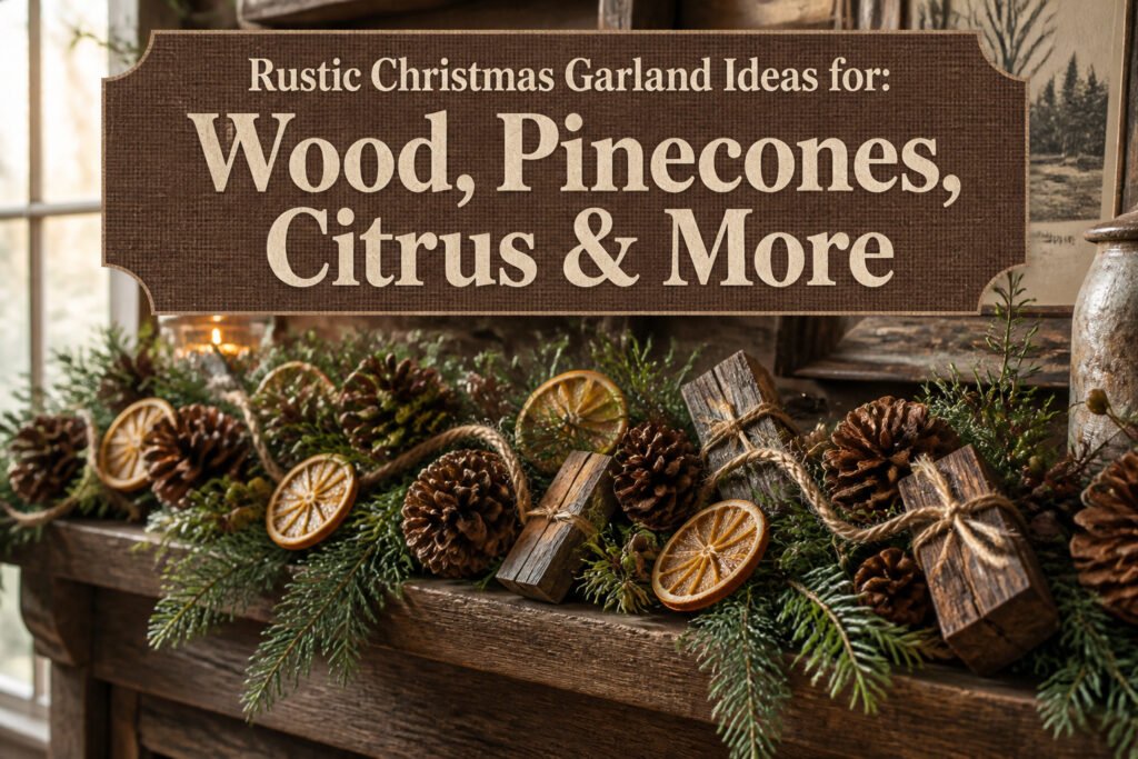 A rustic garland with wood slices, pinecones, and dried citrus on a mantel.