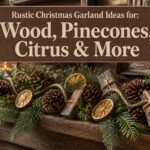 A rustic garland with wood slices, pinecones, and dried citrus on a mantel.