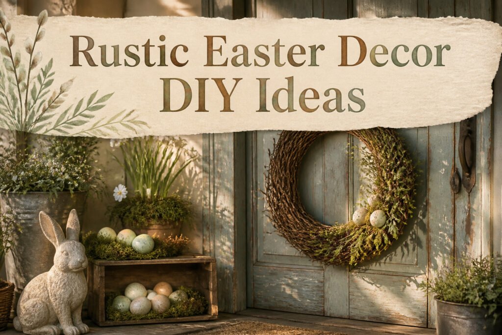 Various rustic Easter decorations arranged on a wooden surface.