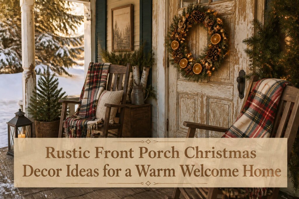 Rustic front porch decorated for Christmas with wreaths, lights, and greenery.