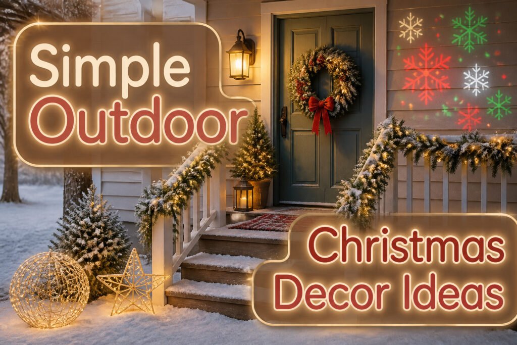 An outdoor display with various Christmas decorations, including lights and wreaths.