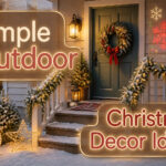 An outdoor display with various Christmas decorations, including lights and wreaths.