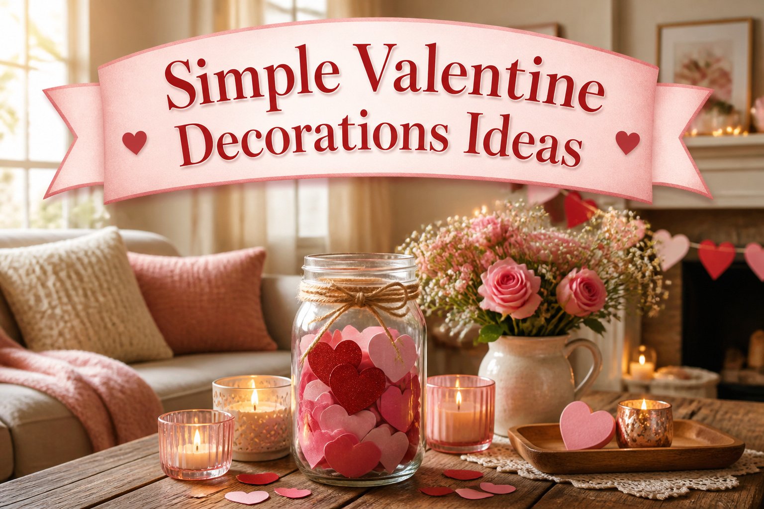 Various Valentine decorations including flowers, candies, and DIY projects.