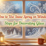 A window with various snow spray decorations, including silhouettes and patterns.