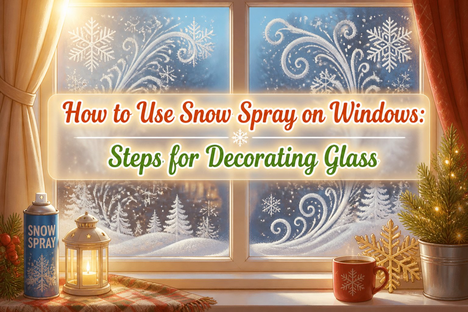 A window with various snow spray decorations, including silhouettes and patterns.