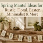 A spring mantel decorated with flowers, candles, and personal items.