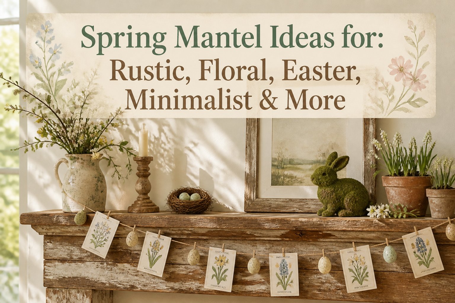 A spring mantel decorated with flowers, candles, and personal items.