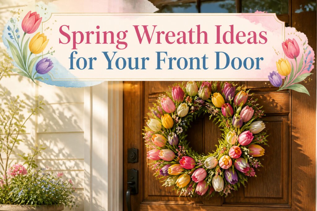 Various spring wreaths displayed on a porch.