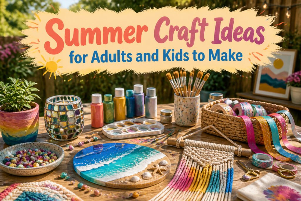Various summer craft ideas displayed together in a colorful arrangement.