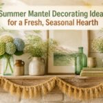 A mantel decorated with fresh flowers, driftwood, and seashells.