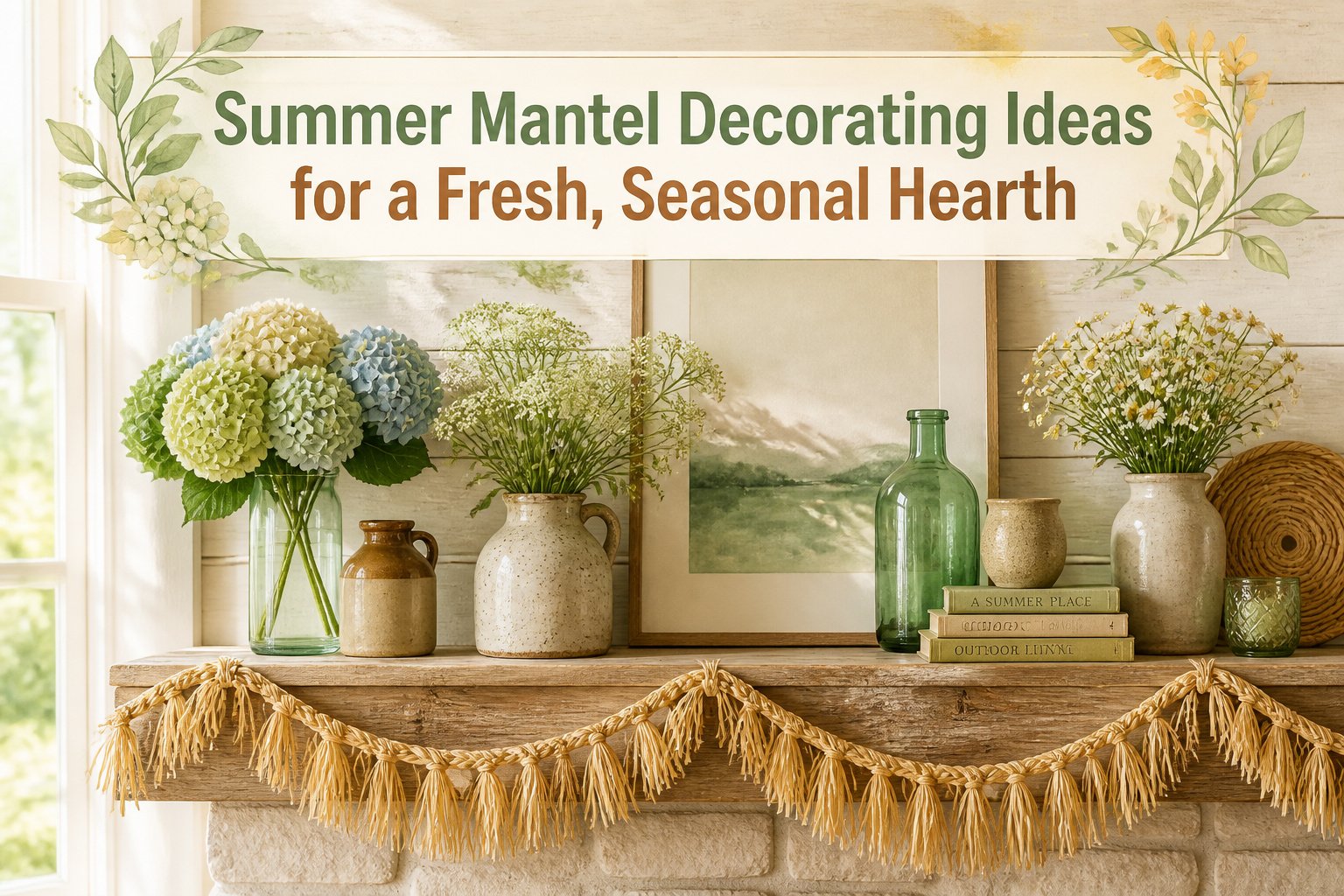 A mantel decorated with fresh flowers, driftwood, and seashells.