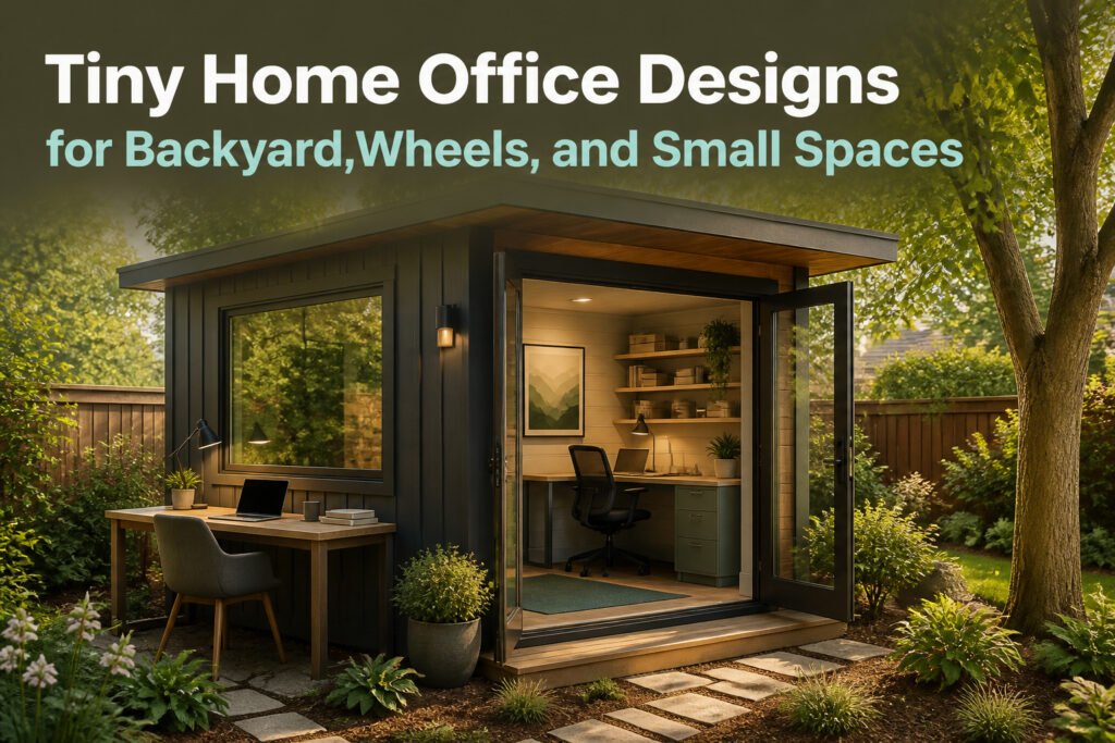 A variety of tiny home office designs in a collage format.