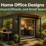 A variety of tiny home office designs in a collage format.