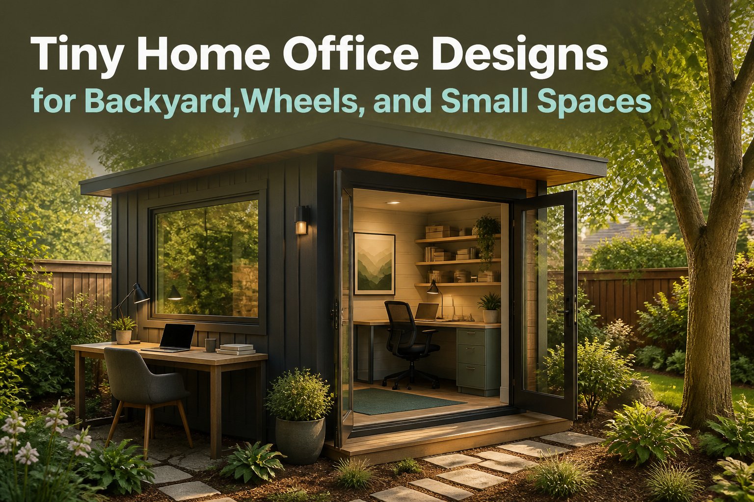 A variety of tiny home office designs in a collage format.