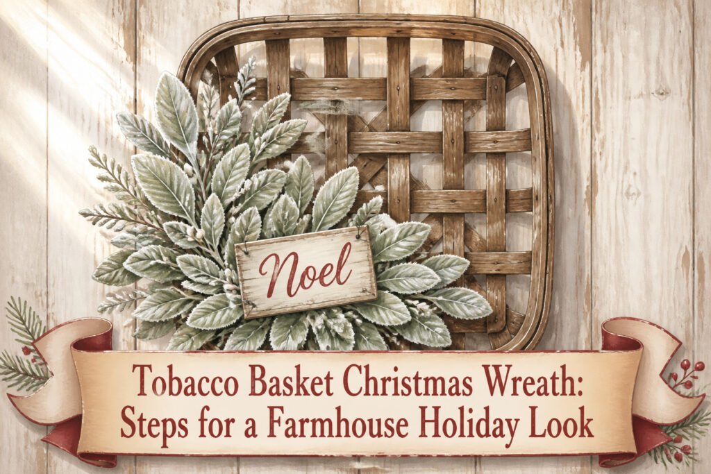 A decorated tobacco basket wreath with greenery and accents.