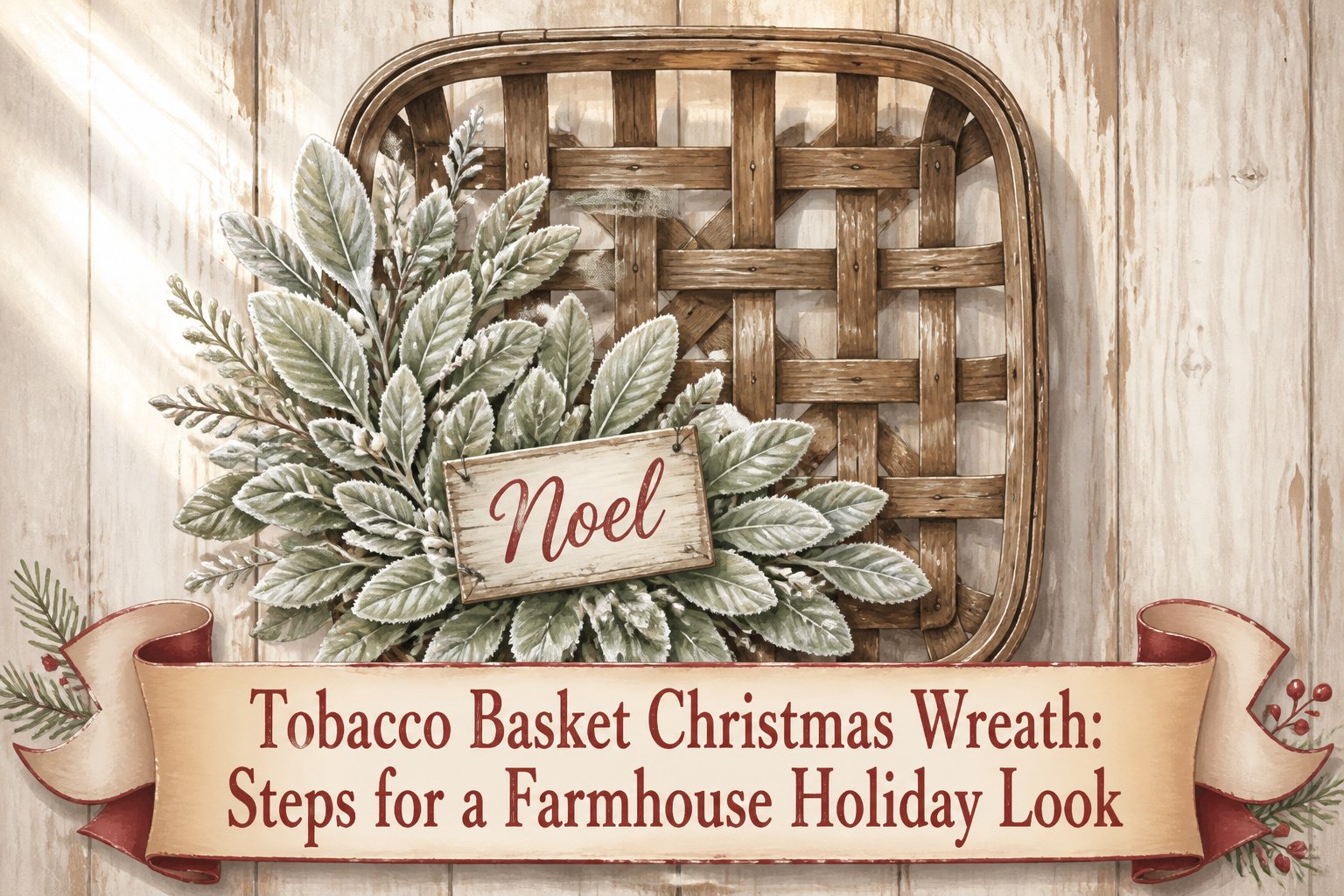 A decorated tobacco basket wreath with greenery and accents.