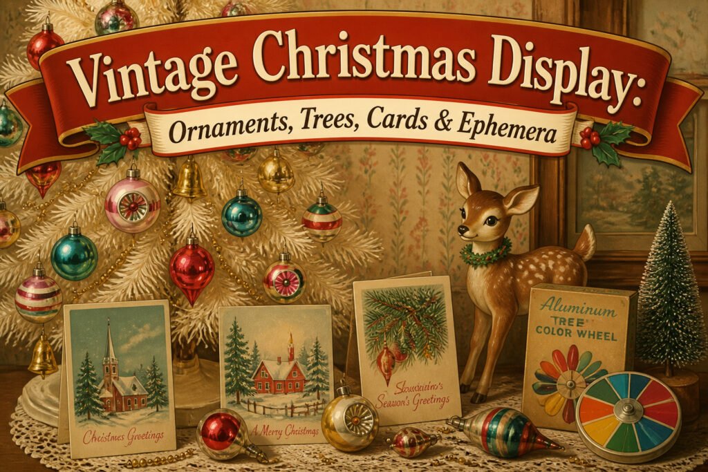 A collection of vintage Christmas ornaments and decorations in a cozy setting.