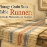 A vintage grain sack table runner with blue and red stripes.