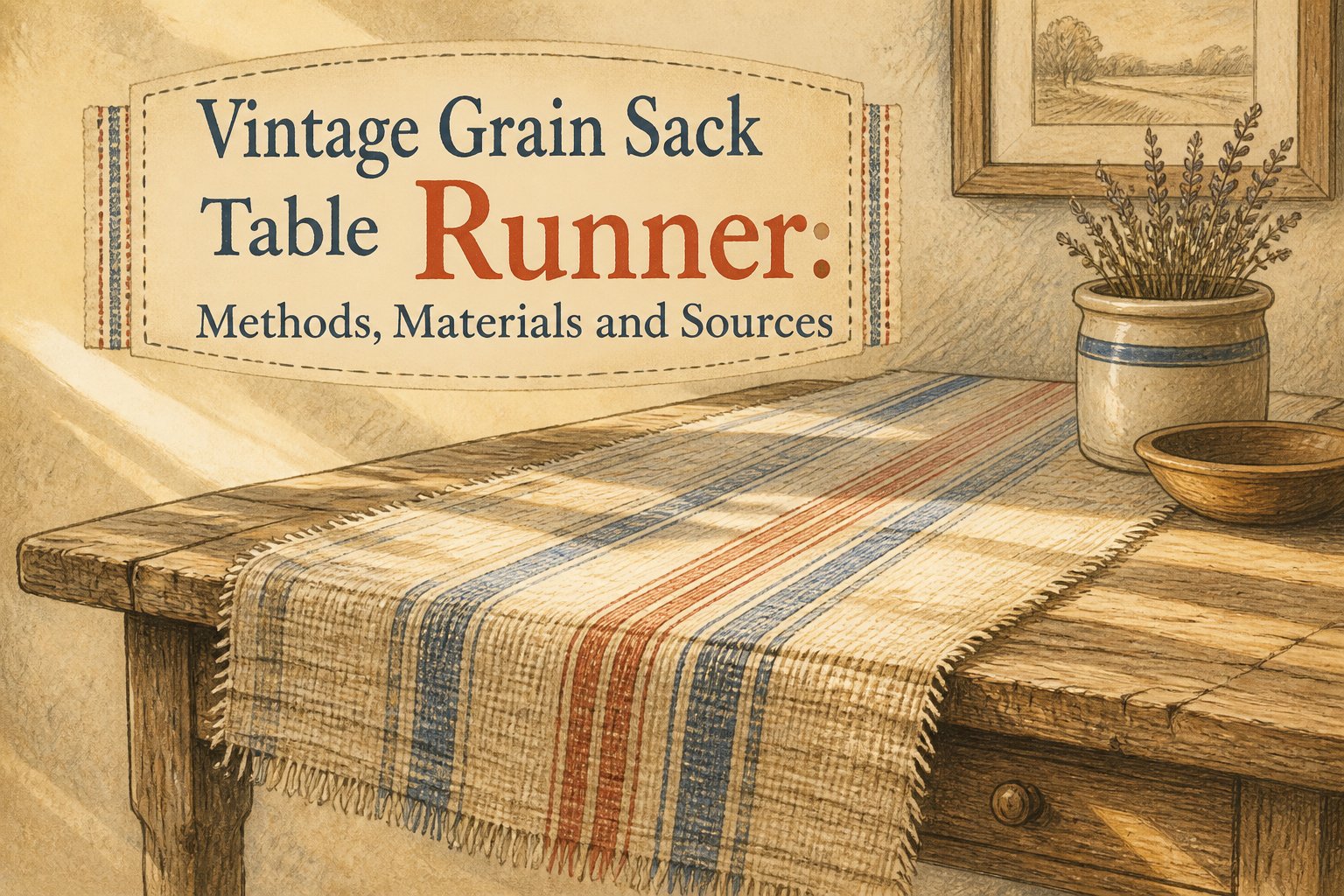 A vintage grain sack table runner with blue and red stripes.