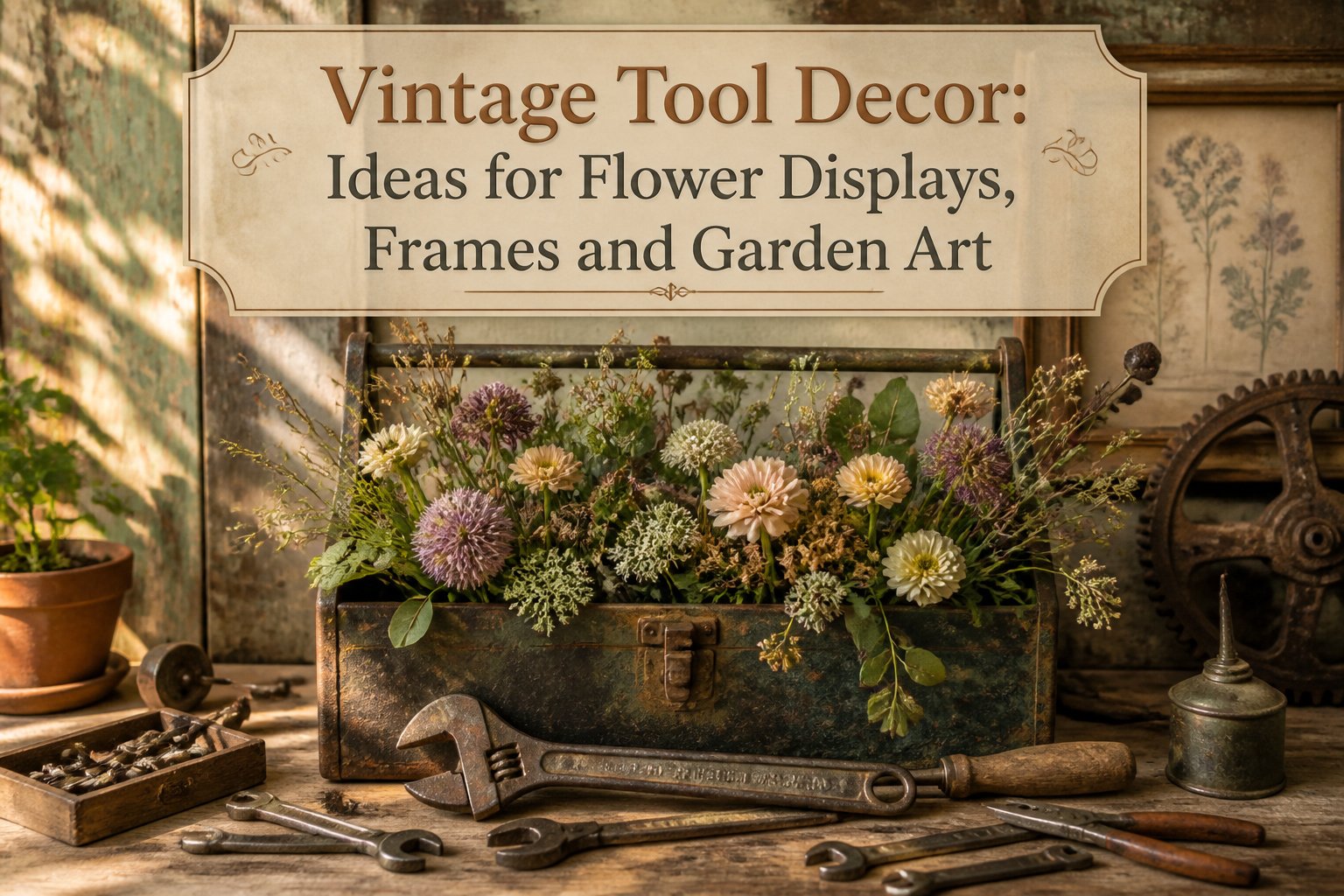 Various vintage tools displayed as decor against a neutral background.