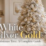 A decorated Christmas tree featuring white, silver, and gold ornaments.