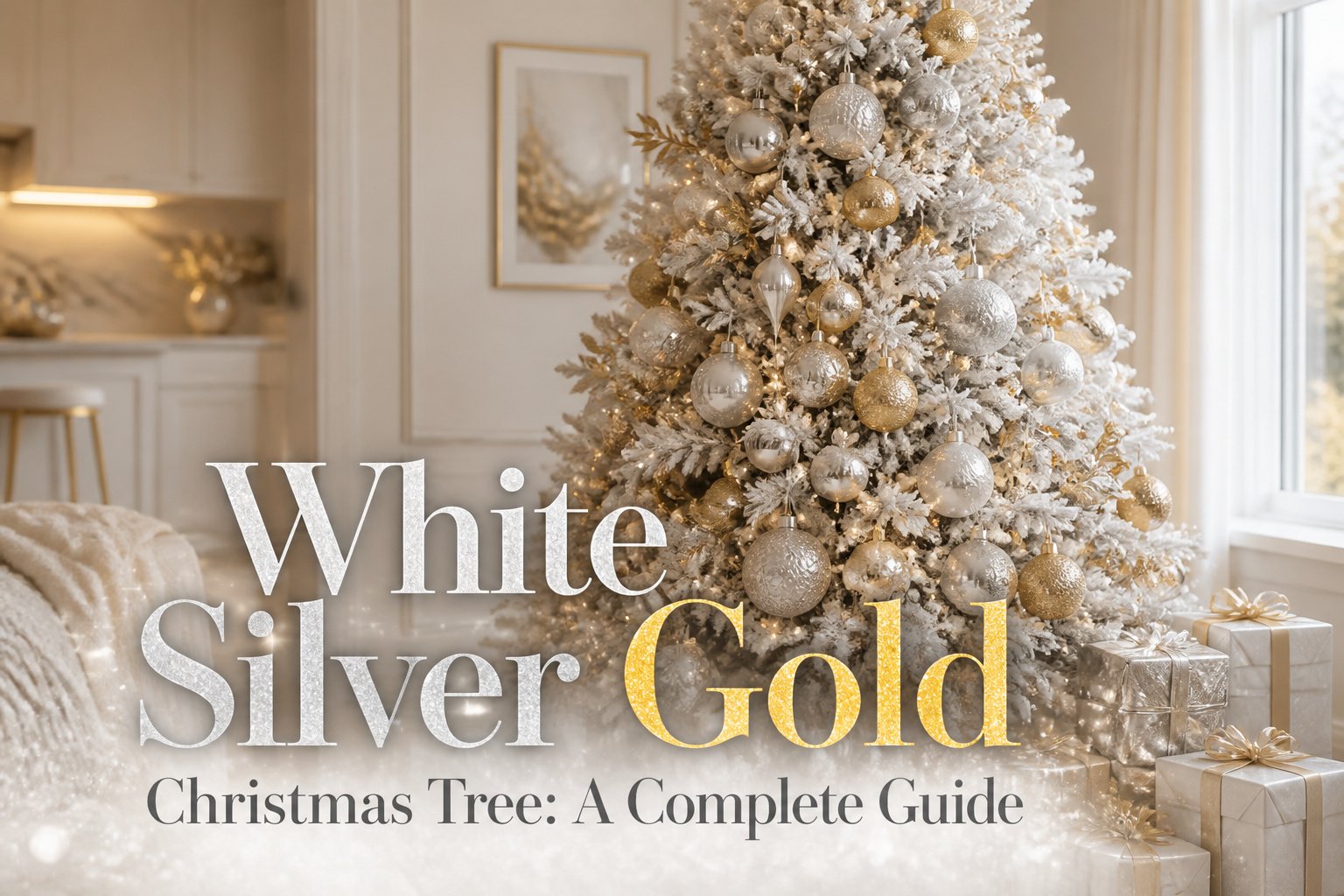 A decorated Christmas tree featuring white, silver, and gold ornaments.