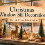 A window sill decorated with various Christmas items including wreaths and lights.