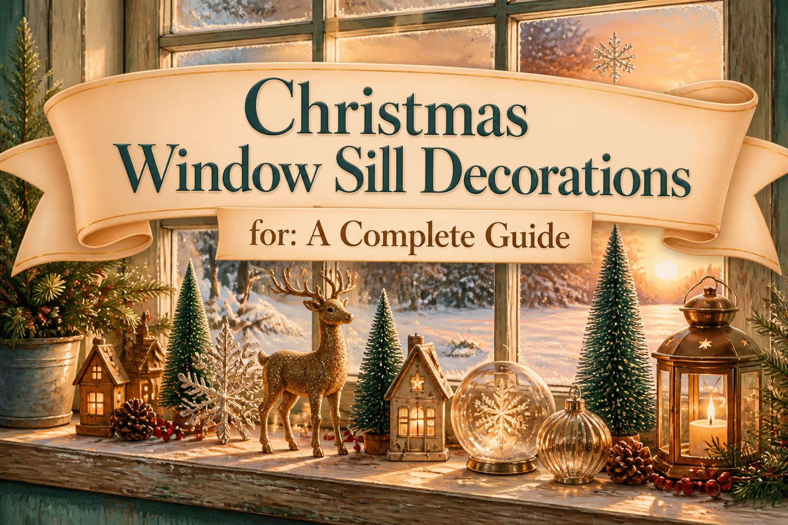 A window sill decorated with various Christmas items including wreaths and lights.